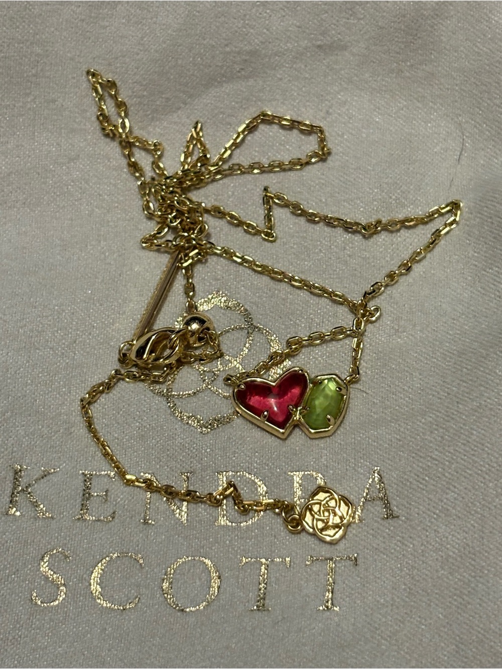 Kendra Scott Gold Necklace with Red and Lime Heart Stones